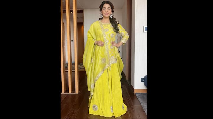 7. Vibrant Yellow Sharara Set: The bright yellow sharara colour combined with the sophisticated embellishments add a new and vibrant appeal to Diwali celebrations. Its simple yet elegant silhouette is perfect for family gatherings and allows you to move with ease and style. (Image Source: Instagram/@iamjuhichawla)