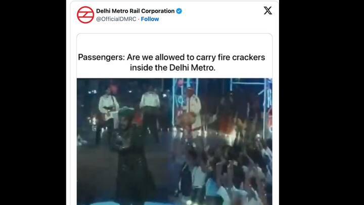 तो आपको बता दें दिल्ली मेट्रो में पटाखे ले जाना अलाउड नहीं है. इसके लिए खुद दिल्ली मेट्रो ने ही ट्वीट करके जानकारी साझा की थी. जिसमें लिखा था 'क्या दिल्ली मेट्रो में पटाखे ले जाना अलाउड है? तो जवाब में दलेर मेहंदी का गीत बज रहा था ना ना ना ना ना रे.