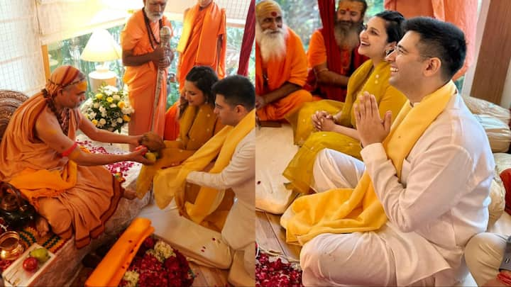 Parineeti Chopra Raghav Chadha Pics: परिणीति चोपड़ा और राघव चड्ढा बी-टाउन के पावरफुल कपल हैं. हाल ही में दोनों ने गुरु शंकराचार्य स्वामी अविमुक्तेश्वरानंद सरस्वती महाराज का आशीर्वाद लिया.