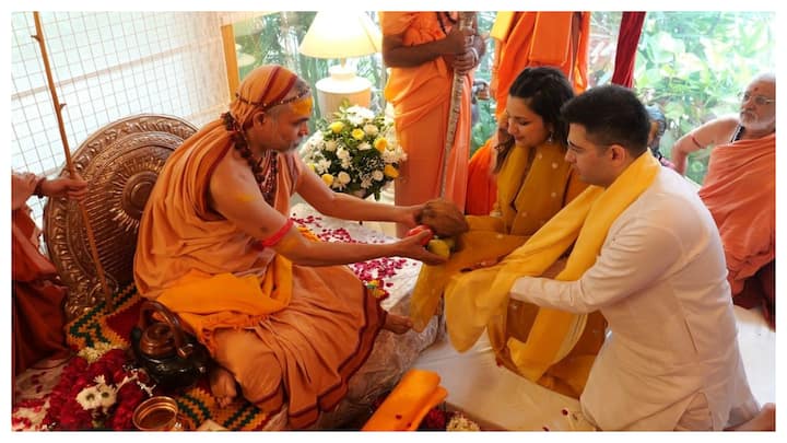 Shankaracharya Swami Avimukteshwaranand Saraswati Maharaj, popularly known as Jagadguru made a visit to Raghav Chadha and Parineeti Chopra's residence on Saturday morning and blessed the couple.