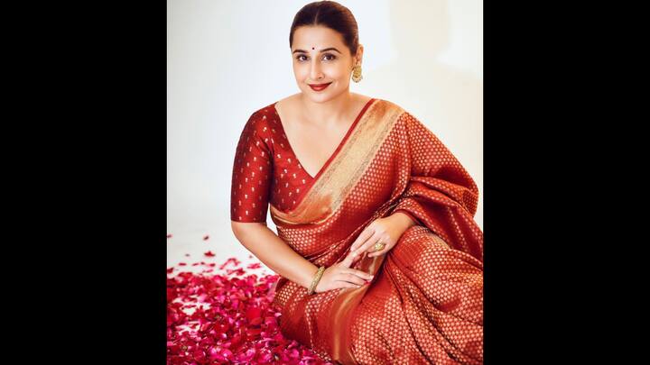 8. Elegant Red Saree: The saree that Vidya Balan has worn radiates elegance and grace. This rich red saree has golden detailing all over which makes it ideal for the festive pujas and family gatherings. The outfit has been paired with beautiful traditional jewellery. (Image Source: Instagram/@balanvidya)