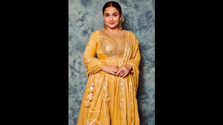 3. Yellow And Gold Anarkali: This embellished golden yellow anarkali exudes regal charm. The outfit's charm makes it the perfect option for Diwali festivities. It has a luxurious fabric and intricate embroidery which provides a festive glow. (Image Source: Instagram/@balanvidya)