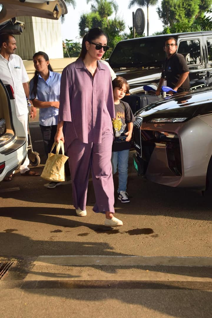करीना कपूर एयरपोर्ट पर कैजुअल लुक में नजर आईं. उन्होंने पर्पल कलर का को-ऑर्ड सेट पहना हुआ था. साथ ही शेड्स लगाए हुए थे.