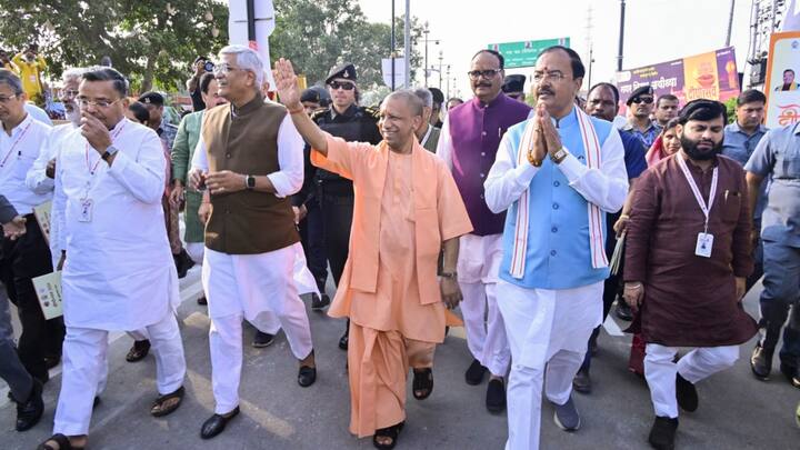 The Ram Temple was visited on the occasion by several ministers and other dignitaries, including Union Minister Gajendra Singh Shekhawat and Deputy Chief Minister Brajesh Pathak. (Source: PTI)