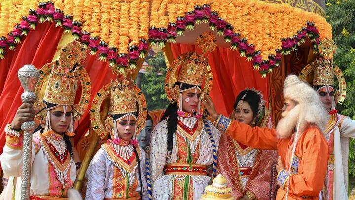 Ayodhya was all about festivities today as an elaborate Shobha yatra with vibrant tableaux bearing characters from Ramayan made its way through the temple town ahead of the main Deepotsav celebration. (Source: PTI)