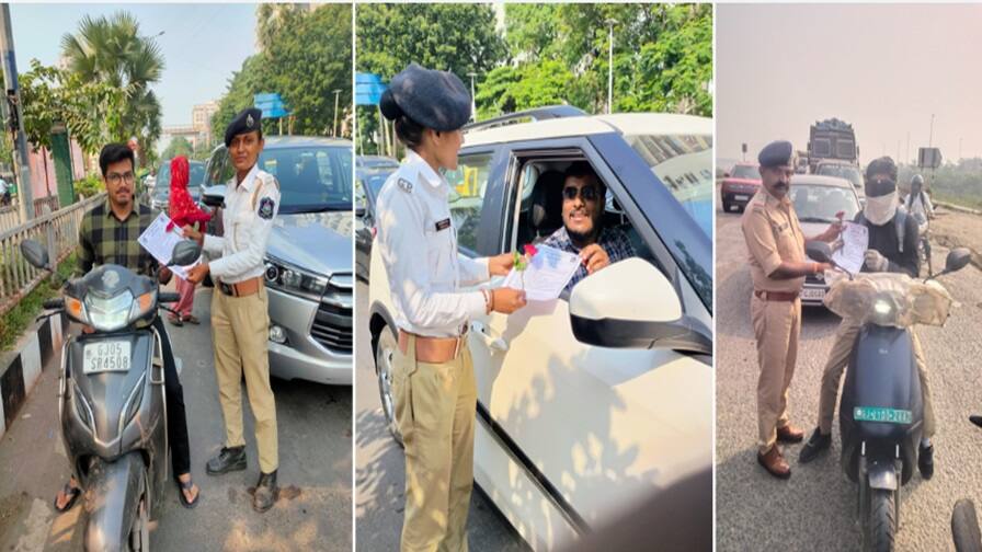 New experiment by police for traffic awareness across the state during Diwali festivities Gandhinagar: ટ્રાફિકના નિયમોનું ઉલ્લંઘન કર્યું તો પોલીસે આપ્યું ફુલ, ખાખીનું આ નવું સ્વરુપ જોઈ વાહનચાલકો પણ ચોંક્યા