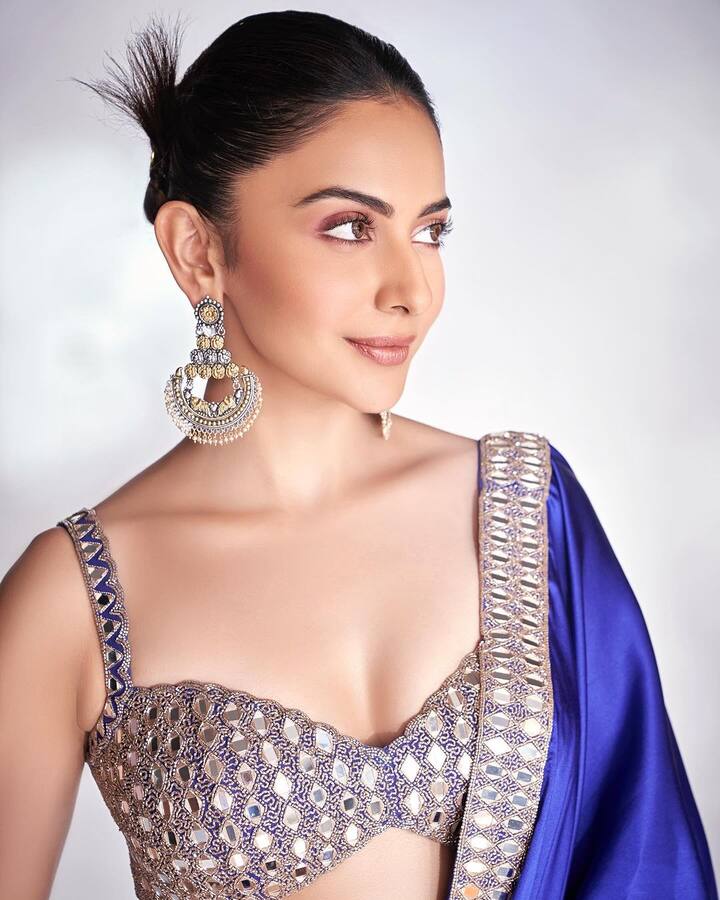 ఈ ఫోటోలను రకుల్ ఇన్​స్టాలో షేర్ చేస్తూ.. Sundar Saree mein sundar nari 😝🤪🤪💙💙 #diwalibegins అంటూ క్యాప్షన్ ఇచ్చింది.(Images Source : Instagram/Rakul Preeth Singh)
