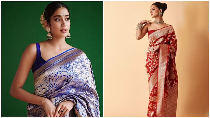 From vibrant blues to classic reds, these Bollywood divas showcase stunning ways to style Banarasi sarees for a chic and festive Diwali look.