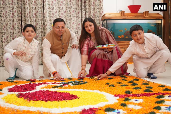 Uttarakhand Chief Minister Pushkar Singh Dhami celebrated Diwali with his wife Geeta Dhami and family at his official residence in Dehradun.