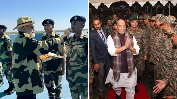 Prime Minister Narendra Modi and Defence Minister Rajnath Singh celebrated the festival of Diwali with armed forces soldiers.