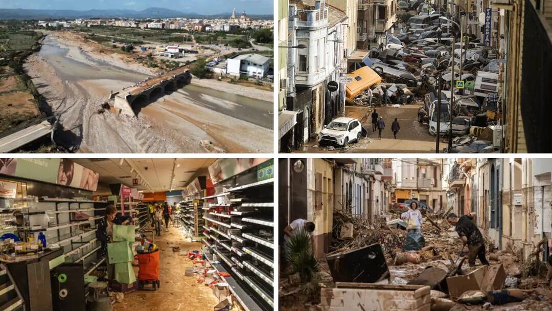 Spain Rain : स्पेनमध्ये फक्त 8 तासात एक वर्षांचा पाऊस कोसळला; पूल, गाड्या वाहून गेल्या, महापुरात 50 वर्षांचा विक्रम मोडला, 158 जणांचा मृत्यू Spain Rain A year worth of rain fell in just 8 hours in Spain bridges washed away floods break 50 year record 158 dead Spain Rain : स्पेनमध्ये फक्त 8 तासात एक वर्षांचा पाऊस कोसळला; पूल, गाड्या वाहून गेल्या, महापुरात 50 वर्षांचा विक्रम मोडला, 158 जणांचा मृत्यू