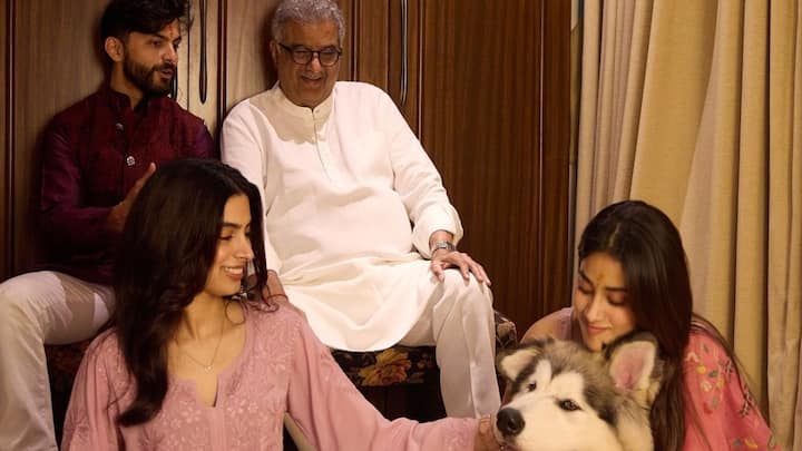 Janhvi Kapoor celebrated Diwali in an intimate setting with her father Boney Kapoor, sister Khushi Kapoor, boyfriend Shikhar Pahariya, and their pets.