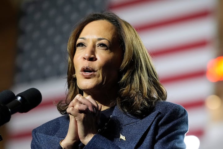 Democratic presidential nominee Vice President Kamala Harris speaks during a campaign rally at Jenison Field House on the campus of Michigan State University, Sunday, Nov. 3, 2024, in East Lansing, Mich. (Image Source: PTI)