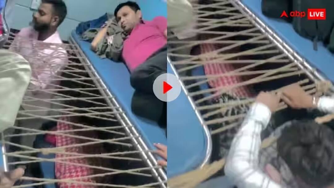 man creates sleeper swing on train during chhath puja video ટ્રેનમાં ખીચોખીચ ભીડની વચ્ચે મુસાફરનો ગજબનો જુગાડ, વીડિયો જોઈને તમારું પણ માથું ભમી જશે