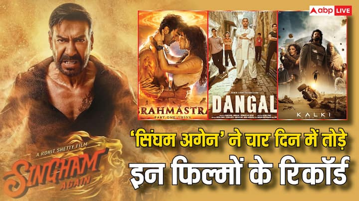 Singham Again Box Office Collection: अजय देवगन की दिवाली रिलीज फिल्म सिंघम अगेन बॉक्स ऑफिस पर जबरदस्त परफॉर्म कर रही है.इस फिल्म ने रिलीज के चार दिनों में कई रिकॉर्ड अपने नाम कर लिए हैं.