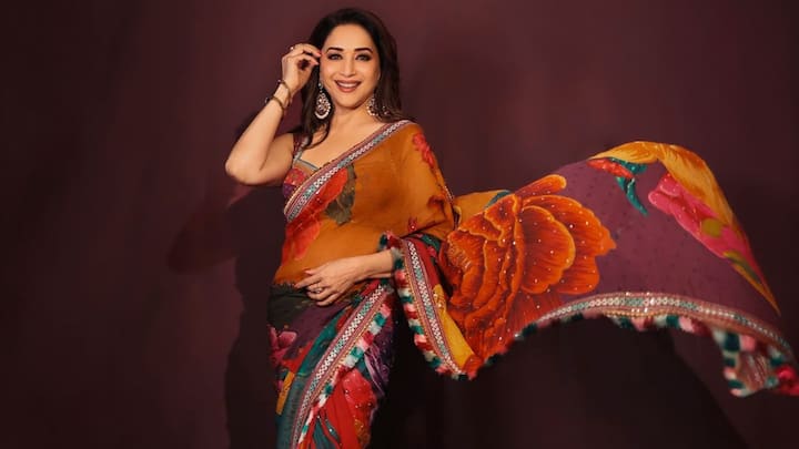 Madhuri dixit exudes grace in floral saree that showcased regal beauty. She paired her saree with sleeveless blouse, that adds charm to her look. She completed the look with open hair and smokey eyes, perfect for any traditional look. (Image source: Instagram/ madhuridixitnene)