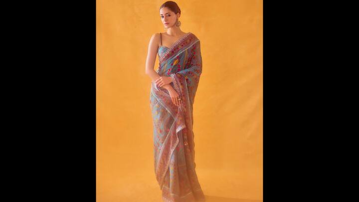 6. Ananya Panday: The soft blue colour with beautiful flowers on this saree exudes elegance and is perfect for the Chhath celebrations. The deep fabric and easy drape adds to its appeal, creating a peaceful and delightful atmosphere. (Image Source: Instagram/@ananyapanday)