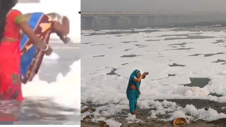 Viral Video: Delhi Woman Uses Toxic Yamuna Foam As Shampoo To Wash Hair During Chhath Puja