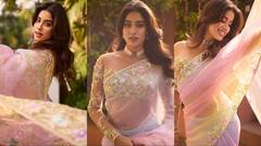 मल्टीकलर साड़ी पहन कैमरे के सामने इठलाती दिखीं जाह्नवी कपूर, बोलीं - ‘कसाटा खाने का मन था, तो पहन लिया’