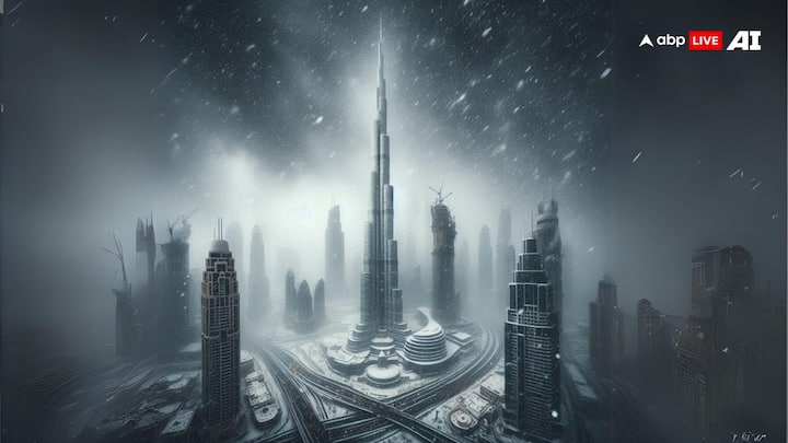 Burj Khalifa: In Dubai, the Burj Khalifa’s sleek glass facade, dusted with frost and snow, would shimmer under the winter sunlight. Snow accumulating along ledges and terraces would make the world's tallest building stand out even more dramatically, while surrounding areas like the Dubai Fountain and Burj Park would be transformed into snowy landscapes. (Image Source: ABP Live AI)