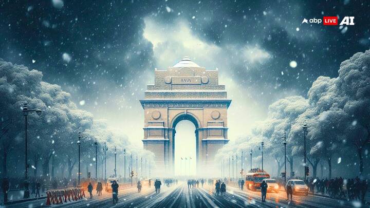 India Gate: An AI-generated image envisions India Gate in a breathtaking winter wonderland, with snow-covered lawns and pathways. The monument itself would become a picturesque sight, likely drawing crowds eager to witness this once-unimaginable scene. (Image Source: ABP Live AI)