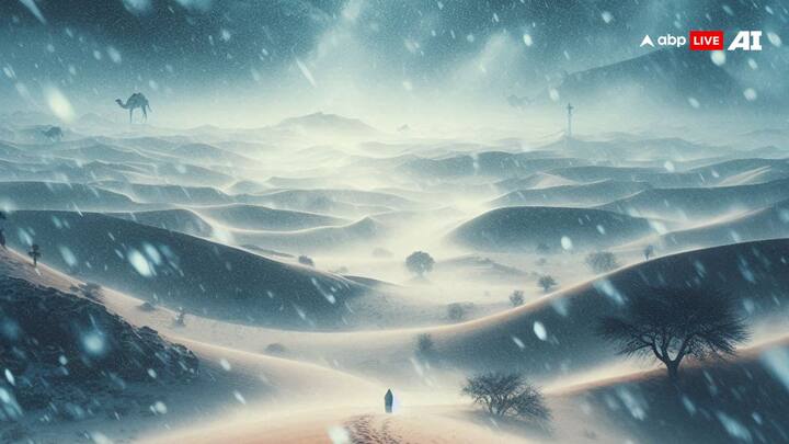 In the aftermath of a heavy snowfall in a Rajasthan desert, the melting snow under the summer heat could potentially form small ponds or larger water bodies, adding another layer of magic to the already transformed landscape. (Image Source: ABP Live AI)