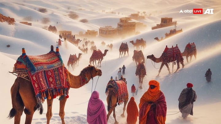 Iconic camels and traditional Rajasthani architecture, such as forts and havelis, would appear even more captivating against the snowy backdrop, offering a once-in-a-lifetime view of winter in the desert. (Image Source: ABP Live AI)