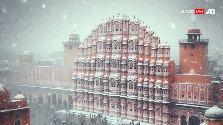 Hawa Mahal: The famous red and pink sandstone palace of Rajasthan, known for its honeycomb-like windows, would transform into a frosted marvel. Snow delicately settling on each parapet and window would enhance the architectural beauty, making Hawa Mahal look like a sparkling jewel in the Rajasthani desert. (Image Source: ABP Live AI)