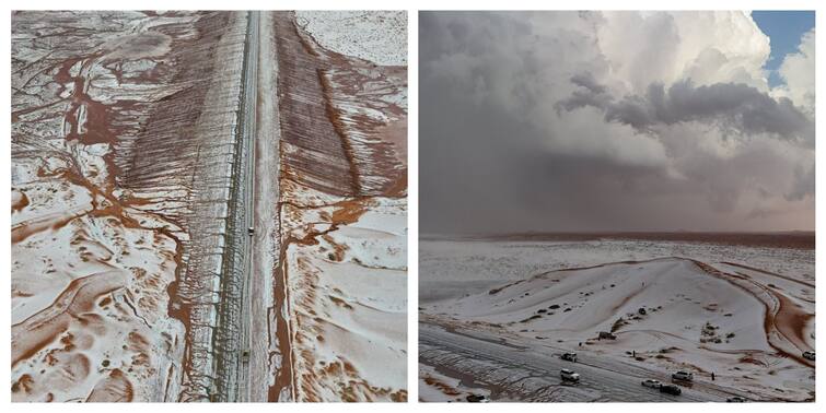 Saudi Arabian Desert Witnesses Snowfall For First Time In History watch video here Watch Video: இதுவே முதன்முறை! சவுதி அரேபியாவில் கொட்டிய பனிமழை! வெண்மை நிறமாக மாறிய பாலைவனம்!