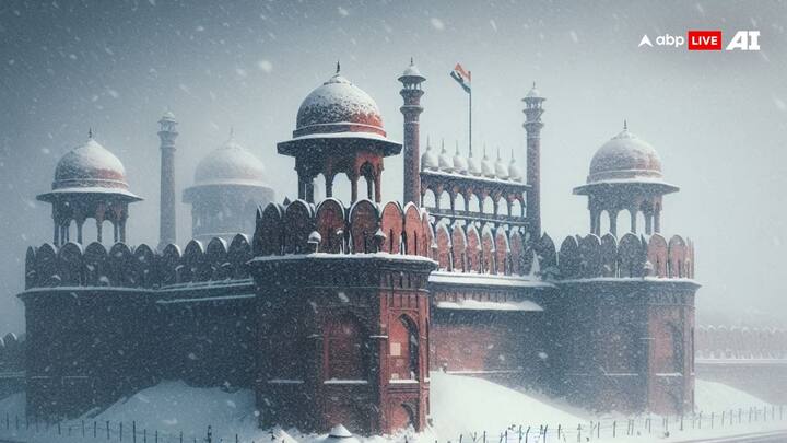 Red Fort (Lal Qila): The Red Fort under a thick blanket of snow would present an extraordinary winter landscape. The red sandstone walls, typically contrasted with Delhi's warm weather, would be highlighted by crisp white snow, accentuating the fort’s intricate Mughal architecture. (Image Source: ABP Live AI)