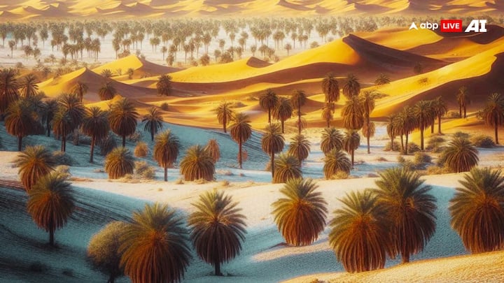 Rajasthan's typically warm and golden dunes would become strikingly beautiful under a blanket of snow, creating a sharp contrast against the sky and sandstone structures. Snow would soften the dunes’ contours, giving the landscape an almost ethereal quality. (Image Source: ABP Live AI)