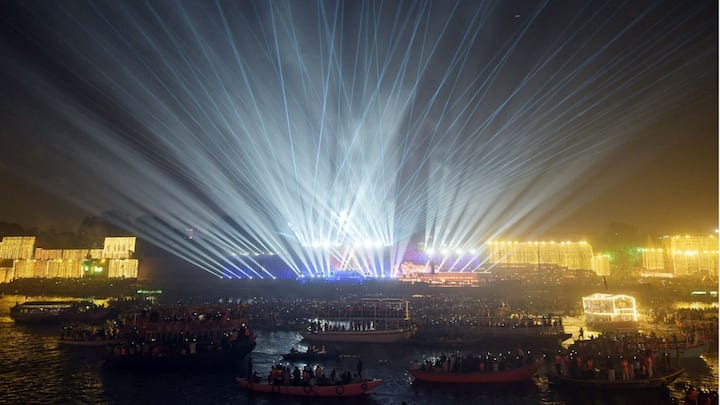 The 25-minute 3D laser shows were run four times in a day starting at 5.30 pm. They featured 24 high-powered projectors, creating vivid images of Kashi's religious and cultural evolution. (Source: X/@myogiadityanath)