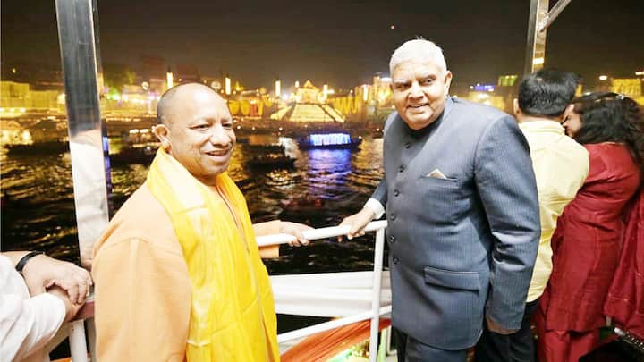 Vice President Jagdeep Dhankhar inaugurated the newly-developed Namo Ghat in Varanasi featuring 'Namaste' sculptures to greet visitors. (Source: X/@myogiadityanath)