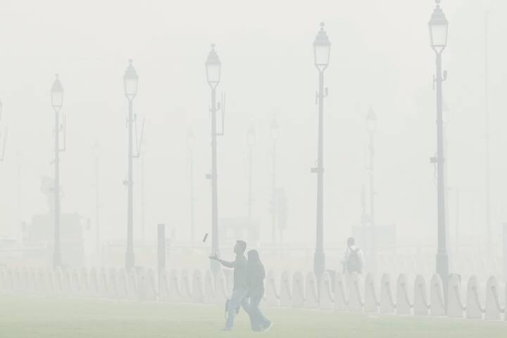 Visitors stroll through the lawns of the Kartavya Path during smog, in New Delhi, Sunday, Nov. 17, 2024. (Source: PTI)