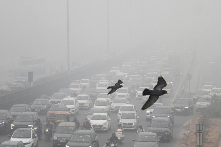 Vehicles move on the Delhi-Gurugram Expressway amid low visibility due to smog, in Gurugram, Monday, Nov. 18, 2024. (Source: PTI)