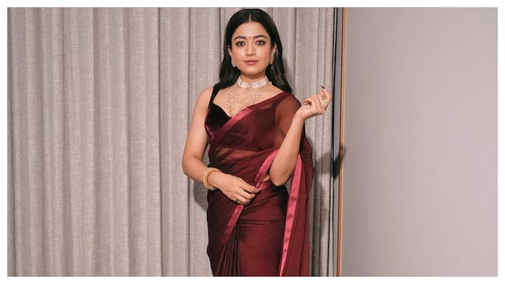 Rashmika Mandanna looked absolutely stunning in a maroon saree at the Pushpa 2: The Rule trailer launch event in Patna.