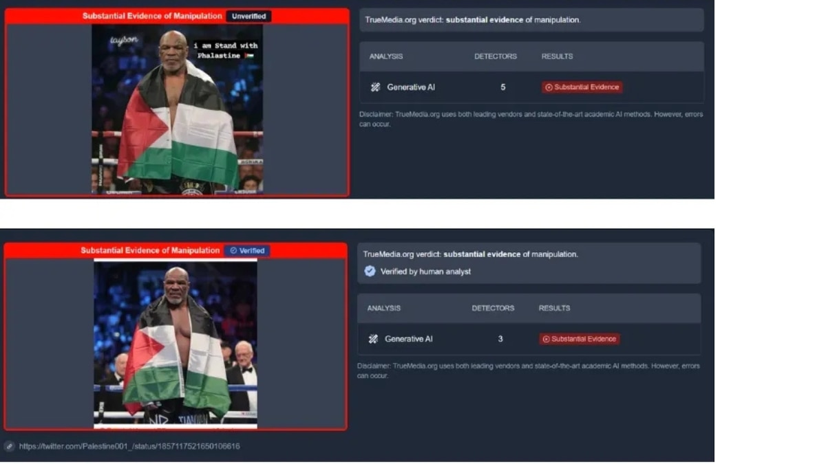TrueMedia's AI detection software found substantial evidence of manipulation in both versions of the image. (Source: TrueMedia/Modified by Logically Facts)
