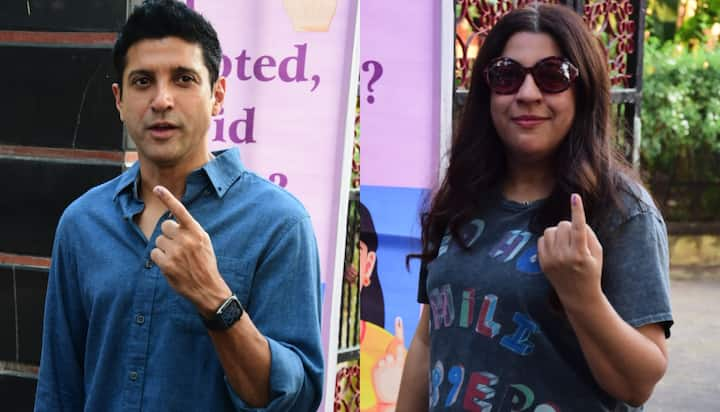 Filmmaker and actor Farhan Akhtar and sister Zoya Akhtar cast their vote at a polling booth in Bandra, Mumbai.