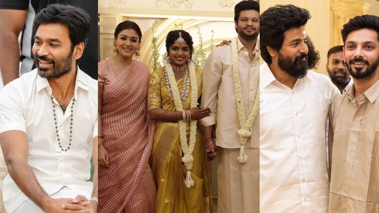 Actor Dhanush attends producer wedding Nayanthara Sivakarthikeyan Anirudh took pictures Dhanush : எஸ்.கே , அனிருத் எல்லாம் நயன் பக்கம்... தனிமரமாக நின்று ஃபோட்டோவுக்கு போஸ் கொடுத்த தனுஷ்