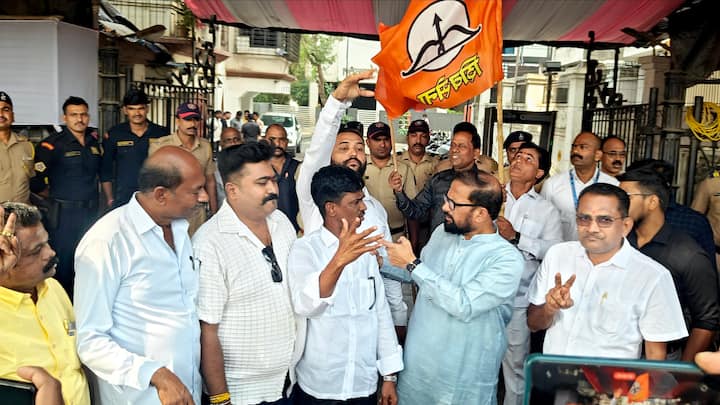 Shiv Sena MP Naresh Ganpat Mhaske joins celebrations at CM Eknath Shinde's residence as early trends show victory for Mahayuti in Assembly polls, in Thane on Saturday. (Photo: PTI)