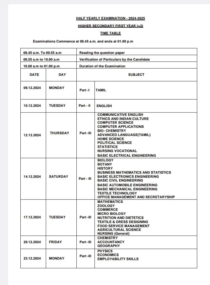 மாணவர்கள் கவனத்திற்கு! வெளியானது 10, 12ஆம் வகுப்புகளுக்கான அரையாண்டு தேர்வு அட்டவணை! லிஸ்ட் இதோ