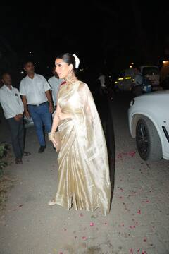 Tara Sutaria Stuns In A Gold Saree For A Friend's Wedding; See Pics