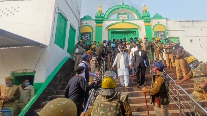 Police stand guard during a second survey of the Jama Masjid. Tension had been brewing in Sambhal since November 19 when the Jama Masjid was first surveyed on the court's orders following a petition claiming that a Harihar temple had stood at the site. (Photo: PTI)