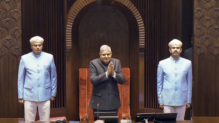 Rajya Sabha Deputy Chairman Jagdeep Dhankhar in the House during the first day of the Winter session of Parliament. Rajya Sabha proceedings were adjourned for 15 minutes as Congress and other opposition parties sought to raise indictment of Gautam Adani in US bribery case. (Photo: PTI)