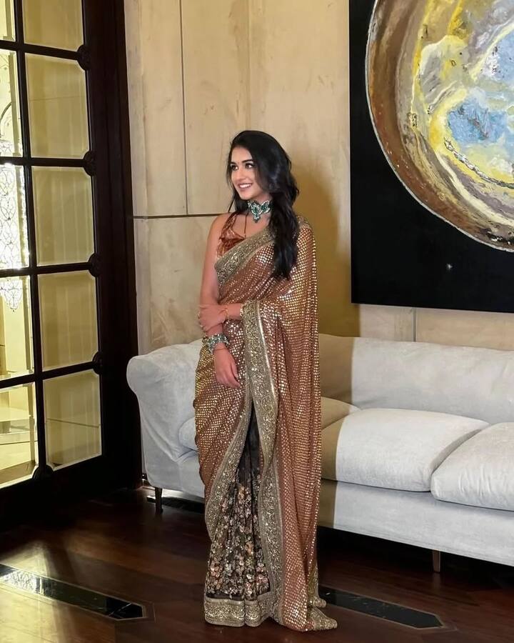 साड़ी में राधिका ने महफिल लूट ली. उन्होंने कॉपर कलर की सब्यसांची की साड़ी पहनी थी. इसमें सभी का ध्यान उनके मंगलसूत्र और सिंदूर ने खींचा.