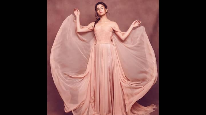7. Ethereal Peach Gown: This strapless peach gown redefines elegance with its flowing chiffon overlay and corset-like pattern. The dreamy designs blend modern elegance with ethereal glamour, exuding a timeless femininity that's perfect for red carpet moments. (Image Source: Instagram/@aliaabhatt)