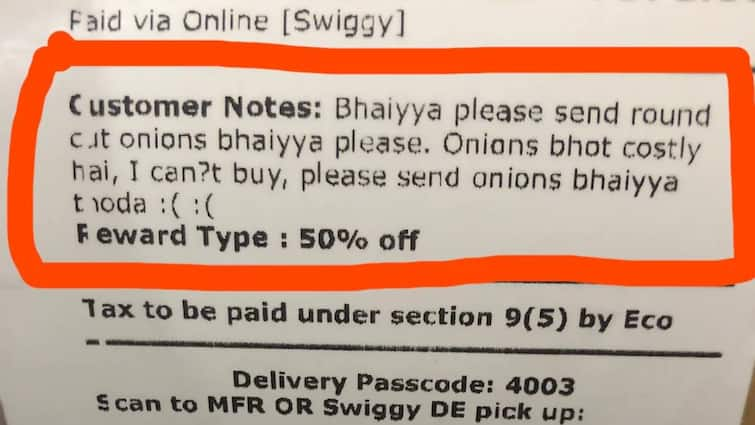 Delhi Man Finds Witty Jugaad To Get Onions For Cheap: Just Ask Restaurant To 'Send Round Cut Onions' Via Swiggy