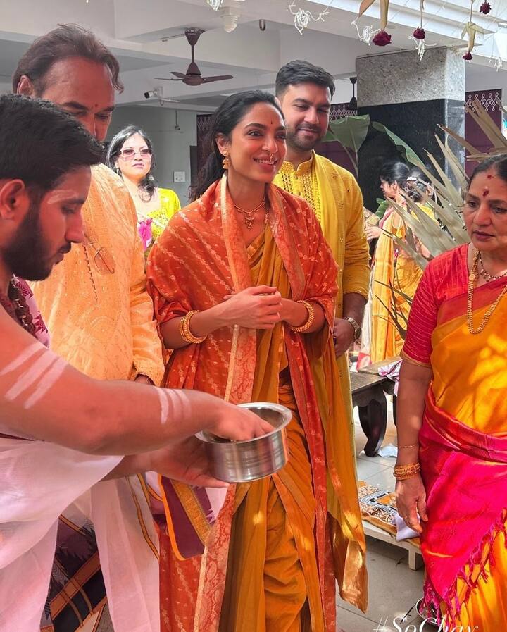 Another image shows Sobhita, now wearing a mustard saree, looking serene as rituals unfold around her. (Image: Instagram/@mourya)