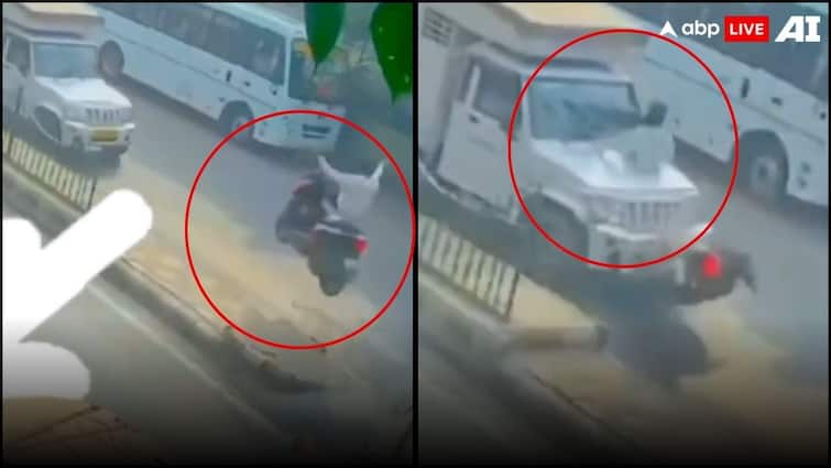डिवाइडर से टकराने के बाद बोलेरो के बोनट पर गिरा स्कूटी सवार बन गया देसी सुपरमैन