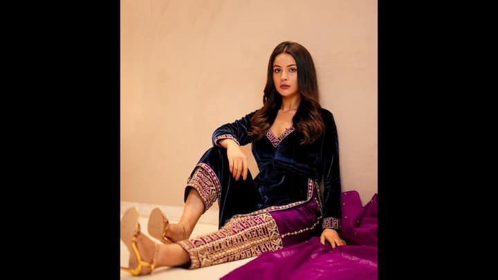 1. Office Chic With Velvet Palazzo Set: Velvet palazzo sets are the ultimate combination of comfort and sophistication, making them a perfect choice for office wear. Pair a tailored velvet kurta with high waisted palazzos to create a polished look that exudes confidence. Choose subtle shades like deep emerald, maroon, or navy blue to maintain a professional yet stylish vibe. Accessorise with statement earrings and a sleek clutch to complete your outfit. The fluidity of palazzos ensures ease of movement, while the velvet fabric keeps you warm and cozy during chilly workdays. (Image Source: Instagram/@shehnaazgill)